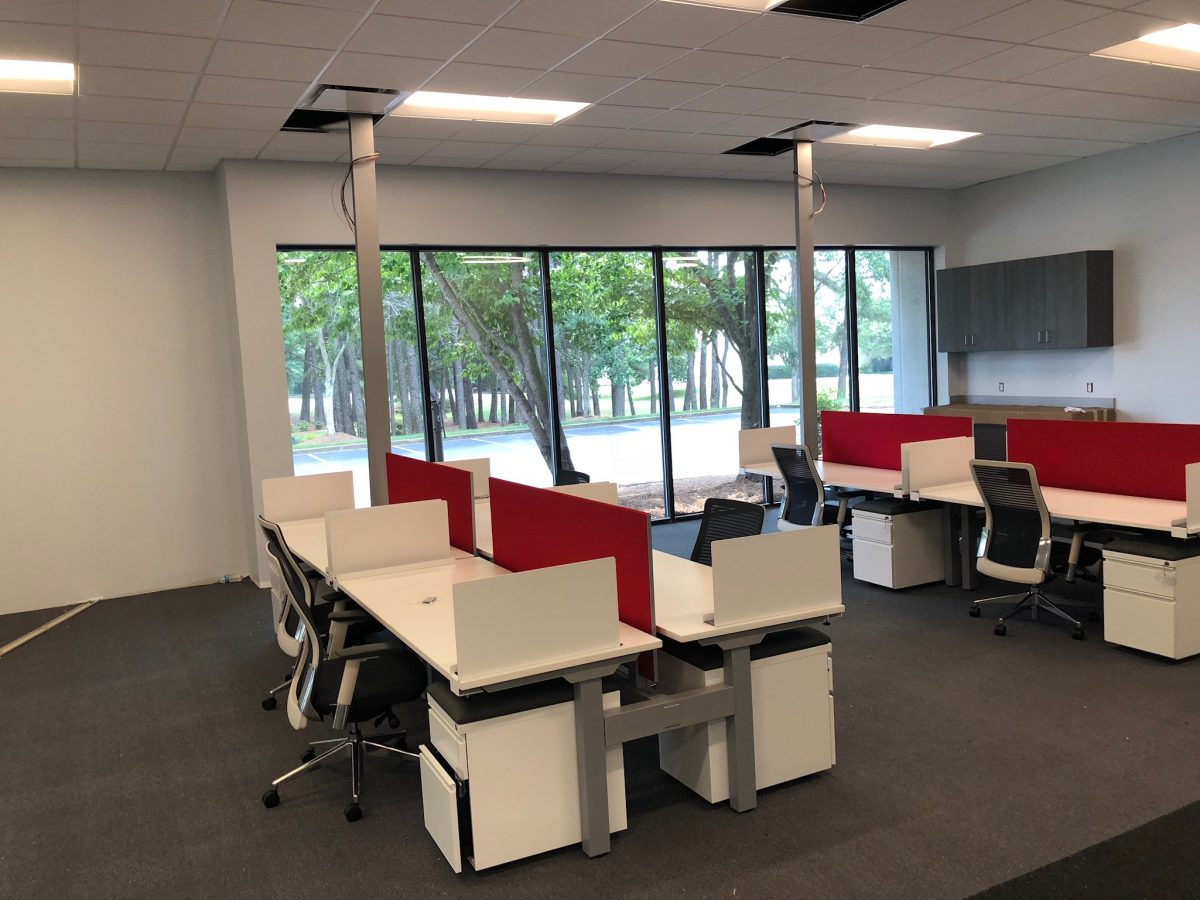Office tables with red dividers