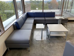 A grey and blue couch