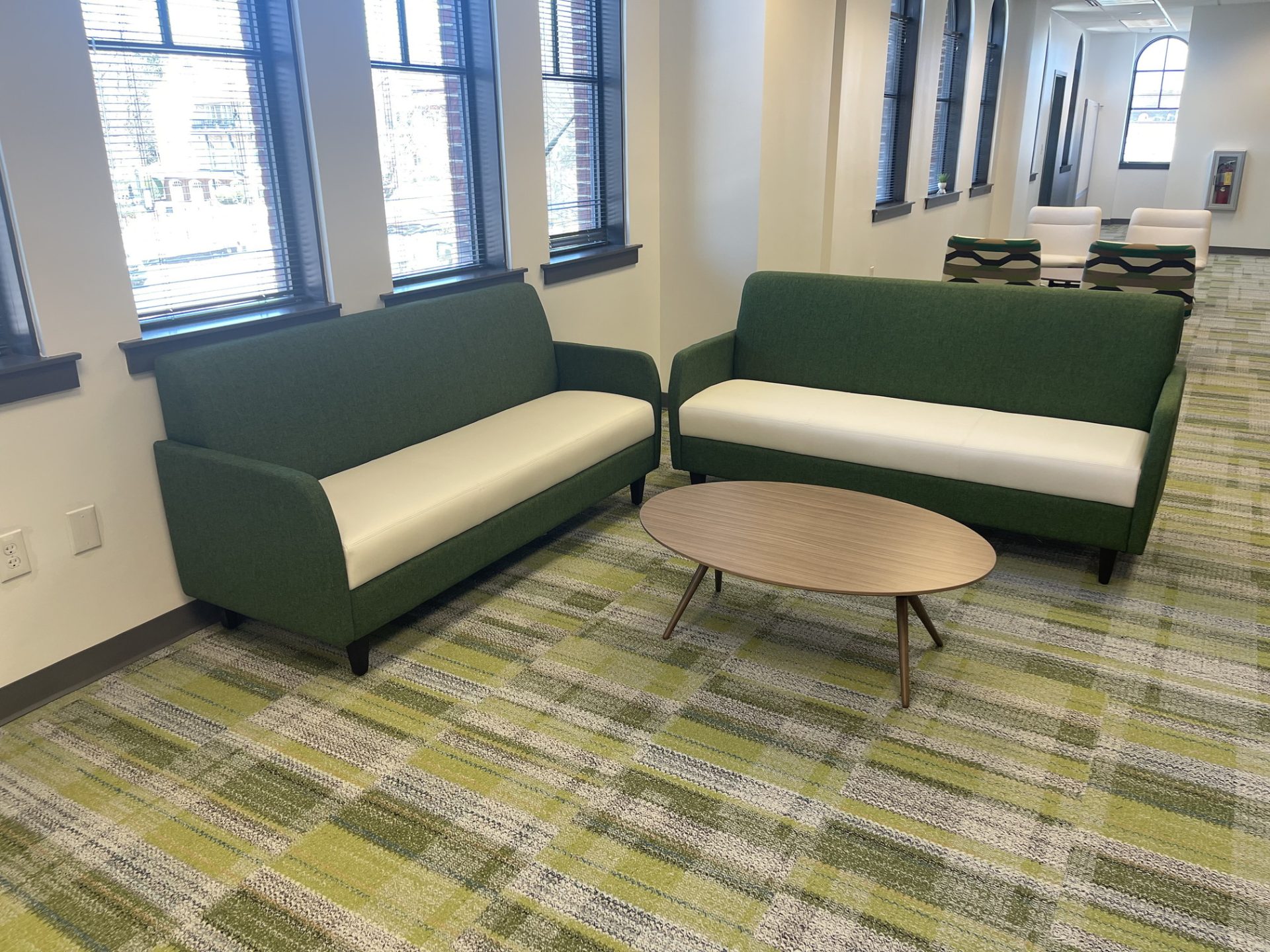 Green and white couches